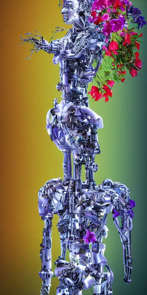 Image similar to a hybrid humanoid cyborg built with cybernetic material and wood, herbs and multicolored flowers, hyperspectral imaging, multispectral imaging, perspective, colorful, spectral color, refractive,