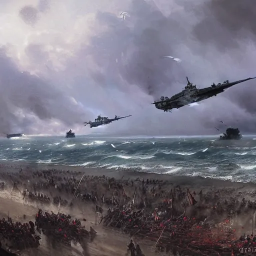 Image similar to a great angle of d - day while all the troops are landing with their boats fighting the germans in a bloody battle by greg rutkowski