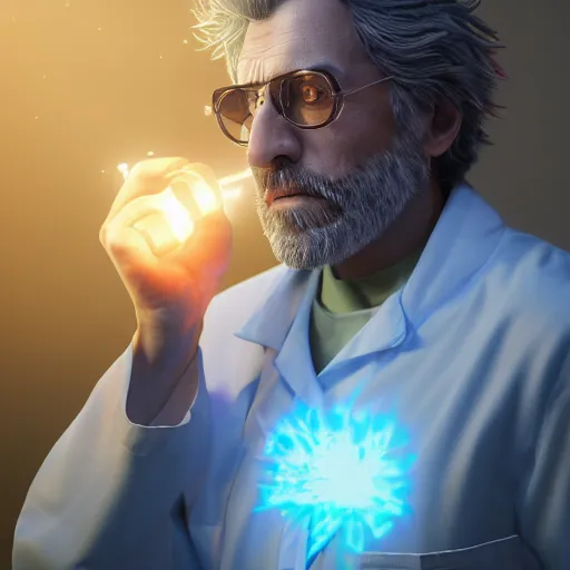 Image similar to portrait of rick sanchez, lab coat and tee shirt, lens flare, atmosphere, glow, detailed, intricate, full of colour, cinematic lighting, trending on artstation, 4 k, hyperrealistic, focused, extreme details, unreal engine 5, cinematic, masterpiece