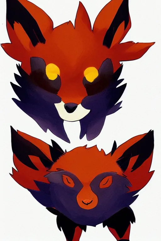 Prompt: zorua pokemon, stylised fox - like appearance, black and auburn colour pallet, illusory trickster, thick furry neck and chest fluff, stylised 🖌 - like hair, pokemon concept art with multiple angles, super detailed, clean lines, digital art