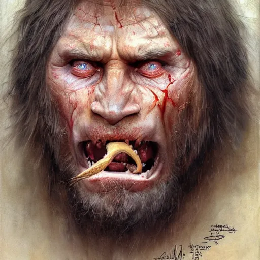 Prompt: vladimir putin, prehistoric caveman, putin macabre face, by donato giancola and greg rutkowski and wayne barlow and zdzisław beksinski, realistic face, digital art