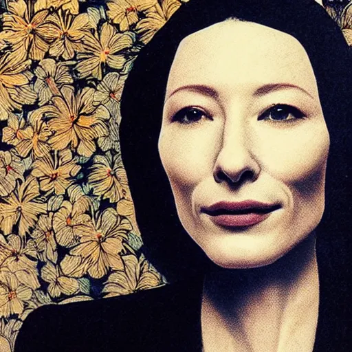 Prompt: “ cate blanchett portrait by ikenaga yasunari and ayana otake and ko rakusui, 6 0 s poster, drawing, realistic, sharp focus, japanese, dreamy, nostalgia, faded, golden hues, floral clothes, porcelain skin ”