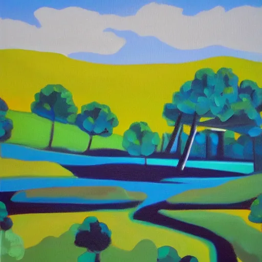 Prompt: landscape acrylic painting on canvas in the style of ben cornish, bold colours