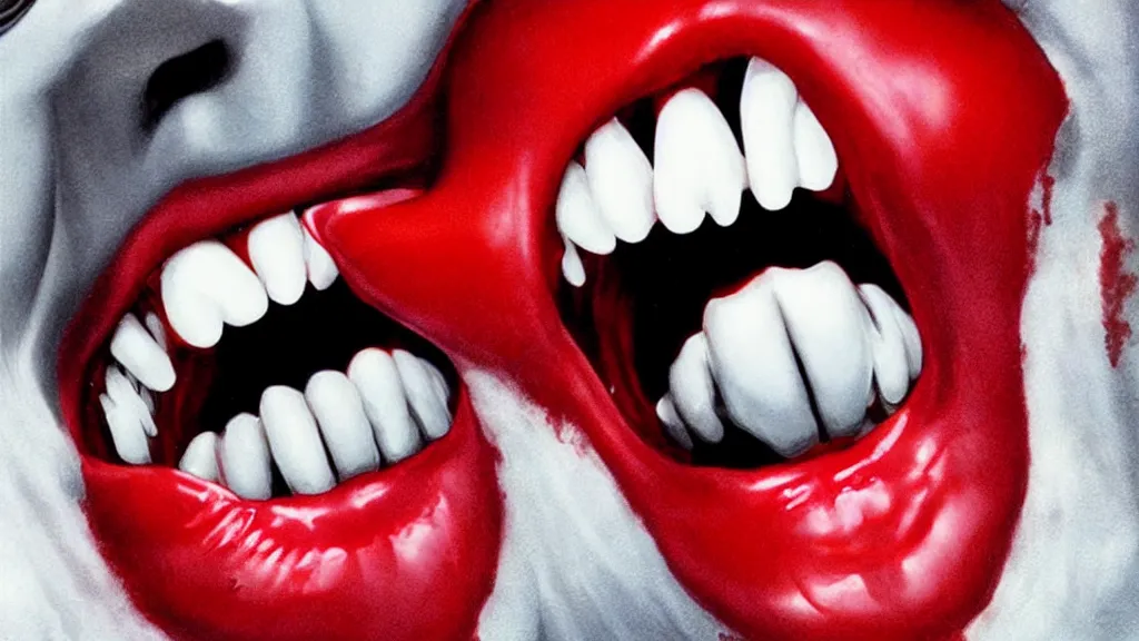 Image similar to realistic and detailed soft airbrush of a glossy shiny wet scarlet red screaming mouth on white background, inspired by 8 0 s airbrush illustrations, art by yosuke onishi
