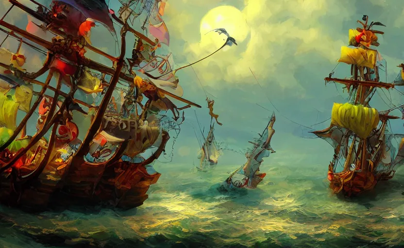 Image similar to pirate ship, storybook, colorful, lush, artstation