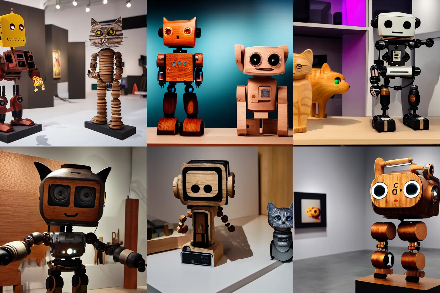 Prompt: ultra realistic 8k octan photo, collection wooden art toys on stand, very cute robot zen with cat ear cyberpunk , in a contemporary art gallery