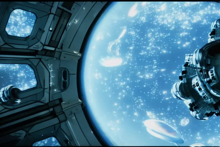 Prompt: film still of closeup beautiful model space tourists, futuristic space colony space port by emmanuel lubezki