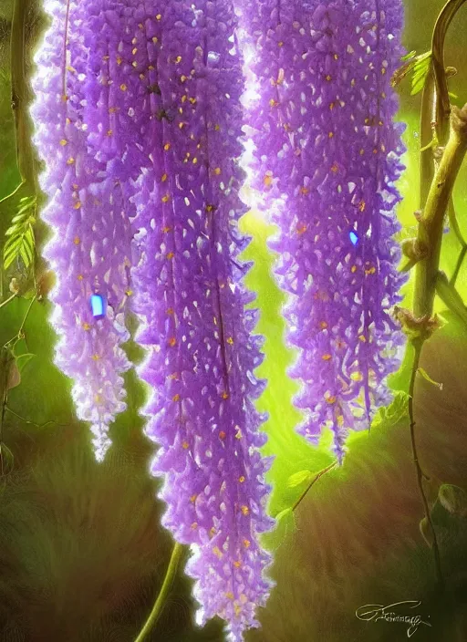 Image similar to perfectly detailed wisteria flowers!! blessed by nature with ever - increasing physical mental perfection, symmetrical! intricate, sensual features, highly detailed, biblical divine holy perfection!! digital painting, artstation, concept art, smooth, sharp focus, illustration, art by artgerm and greg rutkowski and alphonse mucha