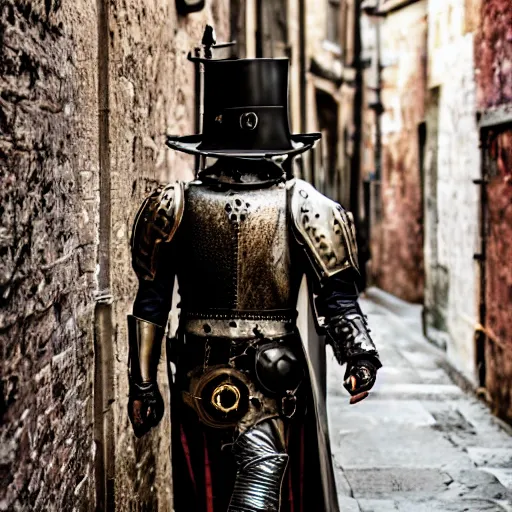 Image similar to a steampunk knight walking down an alley