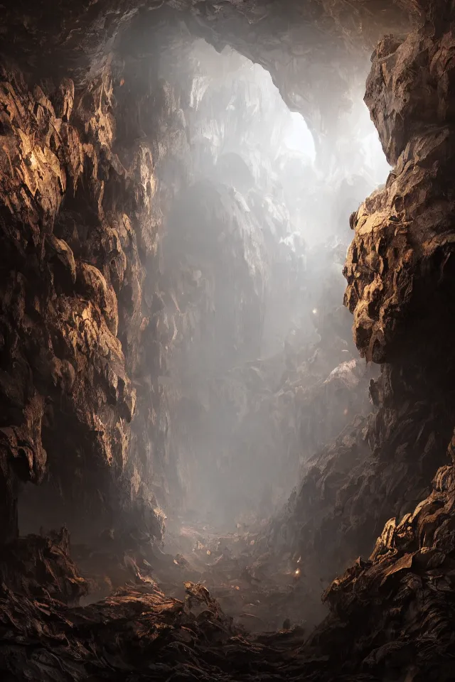 Image similar to the underground cave has a huge door made of bronze, bronze material, dark and spectacular atmosphere ， super wide angle ， matte painting ， rtx on ， by james paick and jan urschel ， trending on cgsociety and artstation, unreal engine ， volumetric light ， surreal