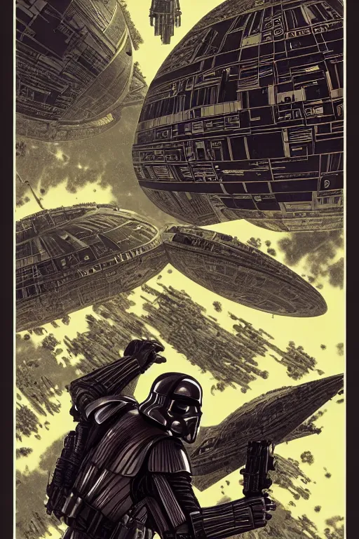 Prompt: platonic ideal of han solo, nazgul mandelbulb, deathstar, millenium falcon, detailed, stormtroopers, darth vader, action pose, intricate, volumetric lighting, moebius, geof darrow, dan mumford, alphonse mucha, poster,