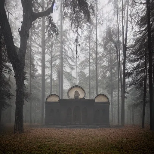 Prompt: orthodox abandoned temple in the woods, dark, moody, foggy by Marc Simonetti and Sean Yoro