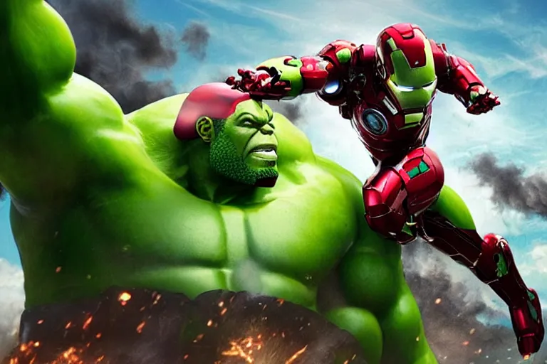 Image similar to ironman riding the hulk in a race, cinematic imax shot, retro, hyper detailed, windy mane, motion still