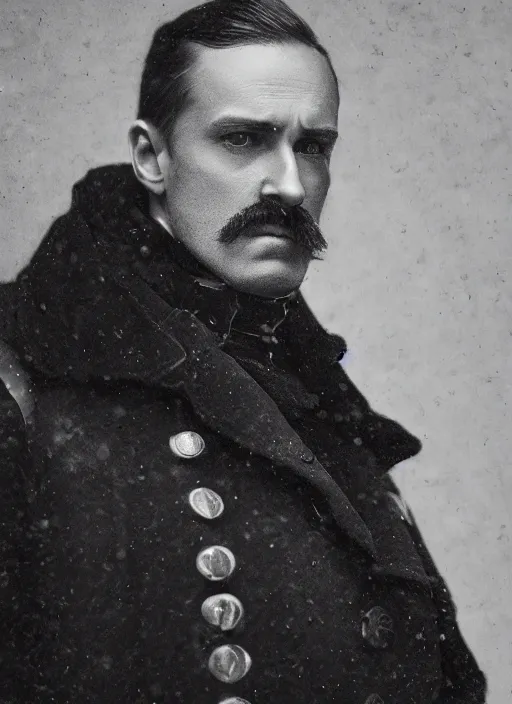 Prompt: portrait of a victorian man wearing a winter coat, military, highly detailed, fantasy, cinematic lighting, close up, realistic, photograph by elliott & fry