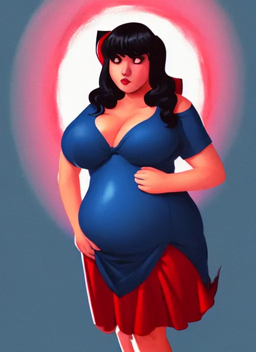 Image similar to full body portrait of teenage veronica lodge, obese, bangs, sultry, realistic, sultry smirk, wavy hair, red skirt, fat, belly, intricate, elegant, glowing lights, highly detailed, digital painting, artstation, concept art, smooth, sharp focus, illustration, art by wlop, mars ravelo and greg rutkowski