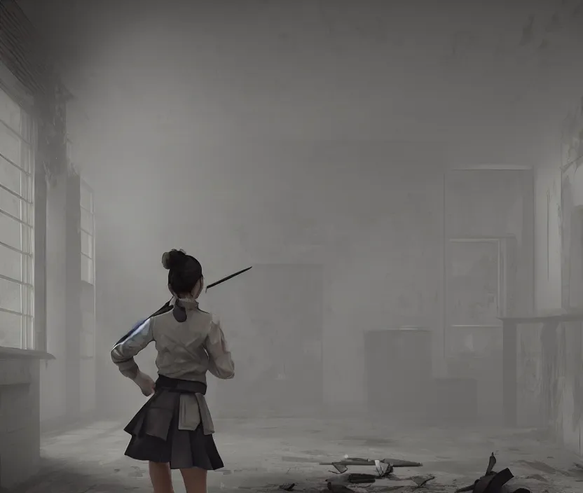 Image similar to School girl holding a katana and standing on an abandoned hospital room, gloomy and foggy atmosphere, octane render, artstation trending, horror scene, highly detailded