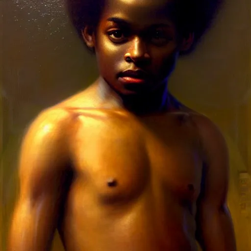 Image similar to a portrait of a good - lookiung black boy god,, high detail, cleary see face, by gaston bussiere, bayard wu, greg rutkowski, odd nerdrum, maxim verehin, dan dos santos, masterpiece, sharp focus, cinematic lightning - h 7 6 8