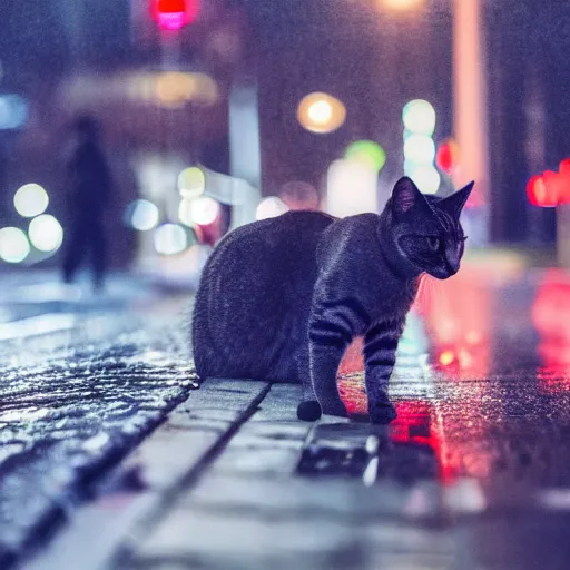 Image similar to Cat sitting on wet street corner, night, high detail, 4k