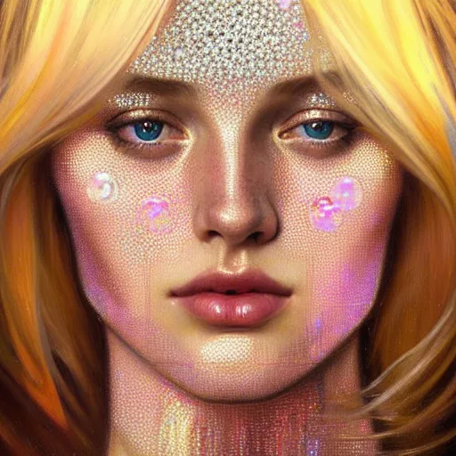 Prompt: portrait of a blonde girl surrounded by shimmering reflective gems, face, fantasy, intricate, elegant, dramatic lighting, highly detailed, lifelike, photorealistic, digital painting, artstation, concept art, smooth, sharp focus, illustration, art by John Collier and Krenz Cushart and Artem Demura and Alphonse Mucha and and Albert Aublet