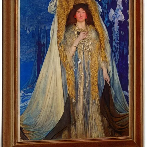 Image similar to the queen of the winter in full regalia, by Annie Swynnerton and Diego Rivera and Tino Rodriguez and Maxfield Parrish, elaborately costumed, rich color, dramatic cinematic lighting, extremely detailed