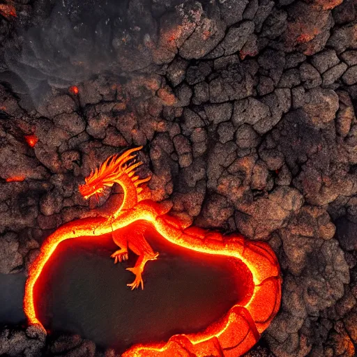 Image similar to candid photograph of a mythological dragon bathing in lava, cryptid, unexplained phenomena, drone photography, 8k