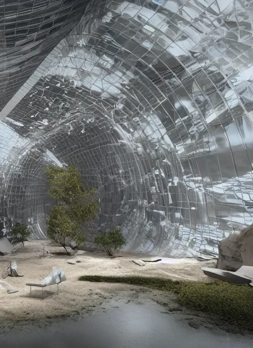 Image similar to art exhibition, architecture installation in biennale venezia, bioremediation white mining tailing futuristic horizontal architecture, epic, cinematic, hyperealistic, high detailed, corona render, hdr, ray tracing