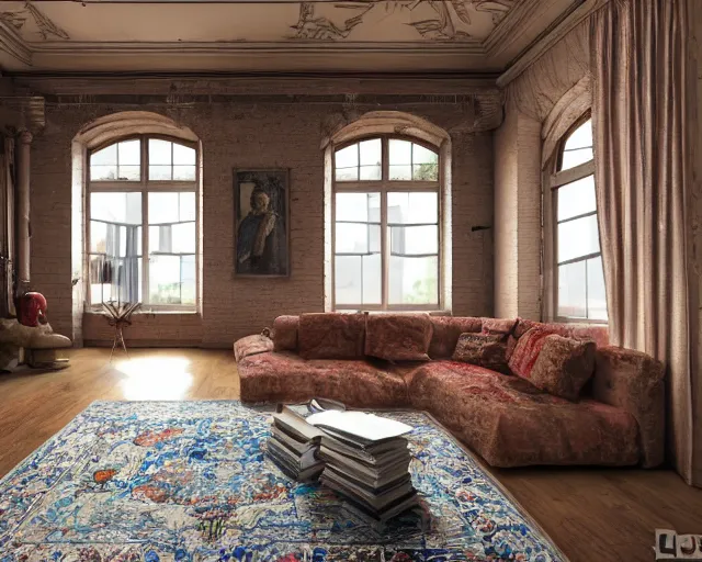 Image similar to a beautiful loft apartment with persian rugs and antique lamps designed by mark mills and nathaniel owings, interior design, architecture, key lighting, soft lights, by steve hanks, by edgar maxence, by caravaggio, by michael whelan, by delacroix, by serov valentin, by tarkovsky, 8 k render, detailed, oil on canvas