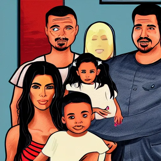 Prompt: Family portrait of Kim Kardashian and husband Freddy krueger with their 3 children. illustration, highly detailed