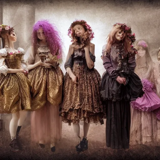 Image similar to 8k, octane render, realism, tonalism, renaissance, rococo, baroque, group of creepy young ladies wearing long flowers and skull dress, harajuku manga, background chaotic gold leaf flowers