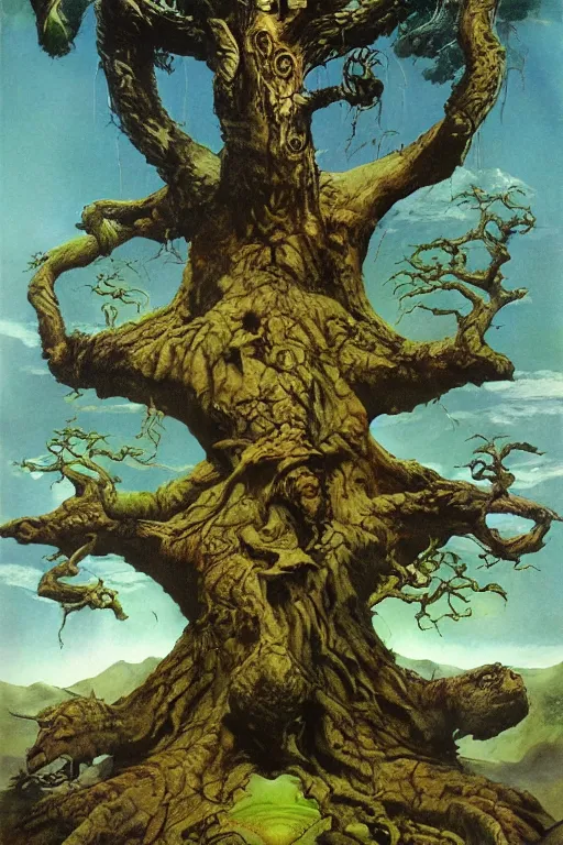 Image similar to Painting of Yggdrasil the tree of life by Frank Frazetta and Richard Corben, oils and airbrush, digital art