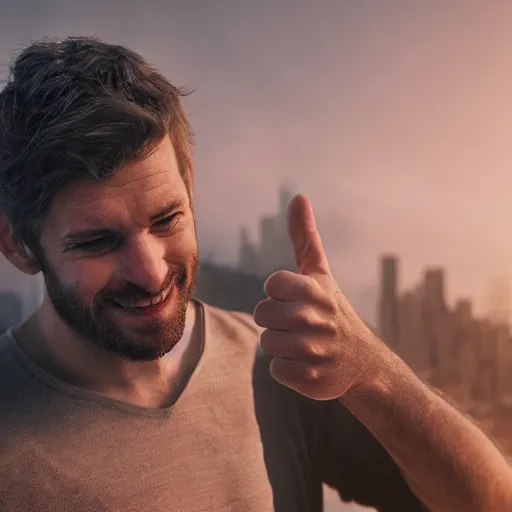 Image similar to man holding thumbs up, dslr, 8 k, octane beautifully detailed render, cold lighting, cinematic lighting, detailed photo, masterpiece, volumetric lighting, ultra realistic, highly detailed, high quality, lossless, photorealistic