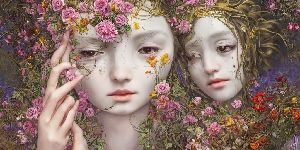 Prompt: breathtaking detailed concept art painting of the queen of flowers, orthodox saint, with anxious, piercing eyes, ornate background, amalgamation of leaves and flowers, by Hsiao-Ron Cheng, James jean, Miho Hirano, Hayao Miyazaki, extremely moody lighting, 8K