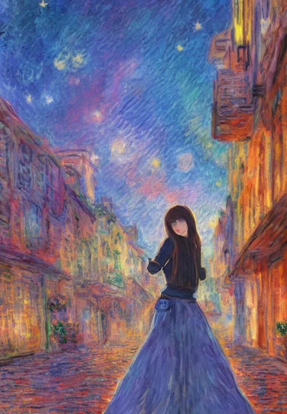 Image similar to wide angle portrait of a teenage girl, a thrifty outfit, very anime in impressionist style, city street view background, starlit night sky, anime trending artwork, anime painter studio, by claude monet