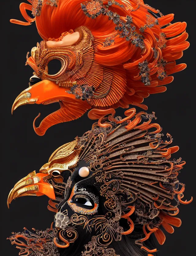 Image similar to 3 d goddess close - up profile portrait biomechanics with ram skull. beautiful intricately detailed japanese crow kitsune mask and clasical japanese kimono. betta fish, jellyfish phoenix, bio luminescent, plasma, ice, water, wind, creature, artwork by tooth wu and wlop and beeple and greg rutkowski. gold black teal and orange color scheme