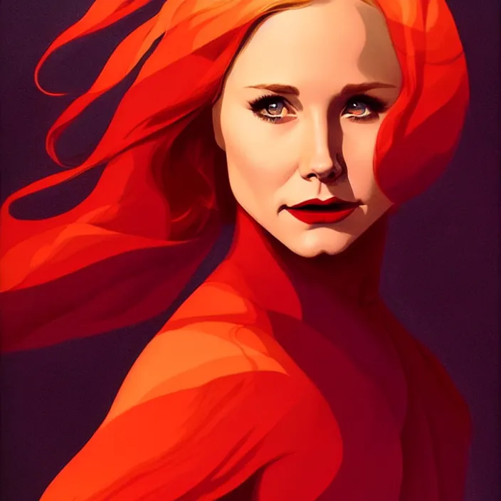 Prompt: style artgerm, joshua middleton : : beautiful kristen bell with dark red dress, very long orange hair, symmetrical face, symmetrical eyes : : fire powers fire swirling : : [ detailed, volcano setting ] : : cinematic lighting