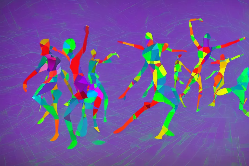 Image similar to a colorful, computer generated, abstract geometric intriguing render, abstract human figures dancing, blue, purple, green