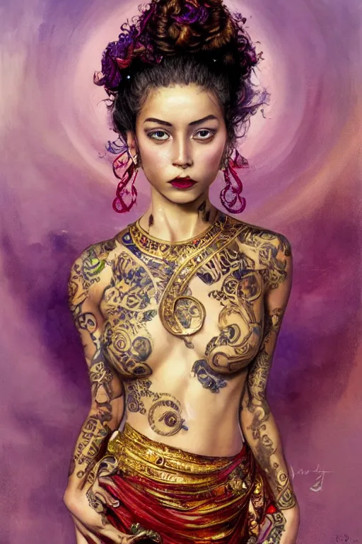 Prompt: an epic painting of a 1 9 years old girl figure, curly messy high bun hairstyle, oriental tattoos, subject wearing a gold and ruby high fashion gown, flowing, ornate, beautiful, dramatic earth colors, with few vivid purple highlights, symmetrically isometrically centered, by jeremy mann and greg rutkowski, artstation, oil on canvas