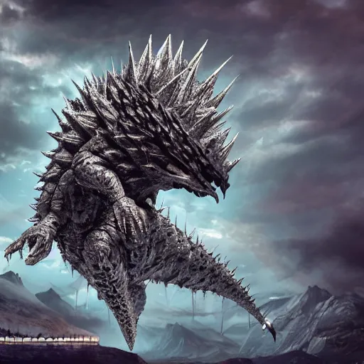 Image similar to evil spiky silver bubble screaming eagle kaiju, cinematic, epic scale, hyper detailed, photorealistic, rule of thirds, 8 k.