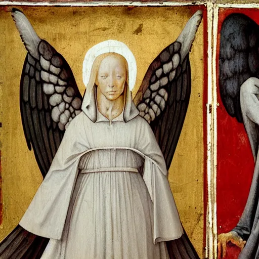 Image similar to realistic medieval painting portrait of white angel with clean narrow face like noface, 3 / 4, miracle light coming up from the head up and up, misty space, grace and blessing, sfumato effect by hieronymus bosch, by leonardo da vinci, renaissance, christianity, only white colors, white background