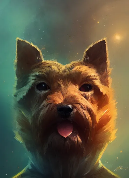 Image similar to norwich terrier as an superhero, backround dark, highly detailed, digital illustration, trending in artstation, modern painting, smooth, sharp focus, intricate, by peter mohrbacher