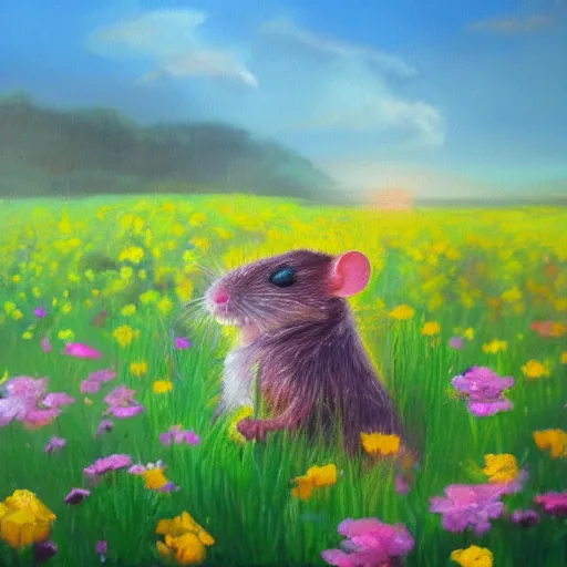 Image similar to an oil painting of a rat in a flower field, colorful, artstation, miyazaki, sunrise, very high detail