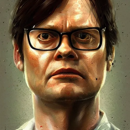 Prompt: hyper realistic, portrait of dwight schrute painted by greg rutkowski, wlop, loish,