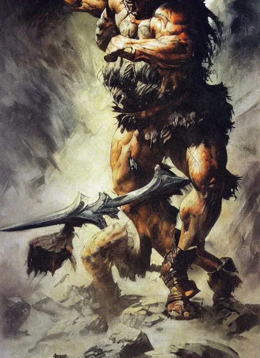 Image similar to portrait of barbarian fighting giant, coherent! by mariusz lewandowski, by frank frazetta, deep color, strong line, high contrast