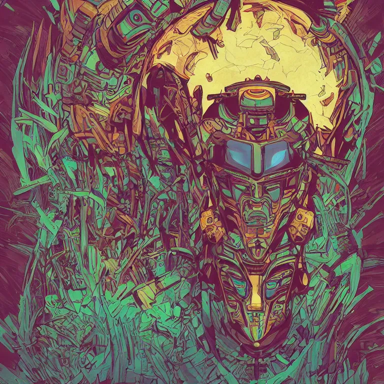 Image similar to totem robot tribal mask, gemstone, gear, plant, video game illustration, vivid color, borderlands and by feng zhu and loish and laurie greasley, victo ngai, andreas rocha, john harris