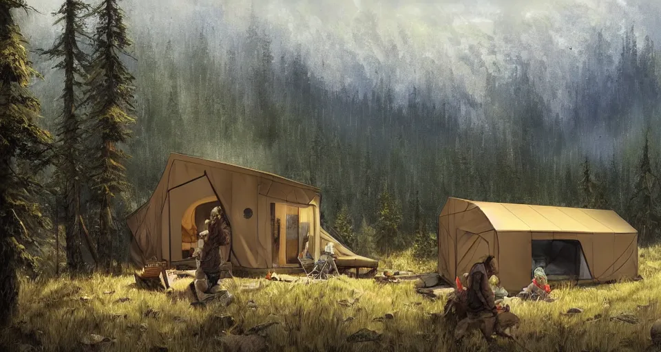 Image similar to cabela's beautiful comfortable carbon framed, modular insulated wall portable container home kit - house all weather family dwelling tent house, person in foreground, mountainous forested wilderness open fields, beautiful views, painterly concept art, environmental concept art, concept art illustration, by james gurney, by craig mullins, by greg rutkowski trending on artstation