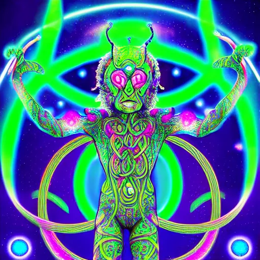 Image similar to a detailed digital art of a celtic knot oni abe vigoda extraterrestrial wearing a raver outfit by lisa frank and cicely mary barker, taiyo matsumoto, myst, beeple, cgsociety, crisp, low angle shot