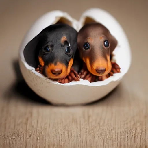 Image similar to eggs cracking open with baby dachshunds inside. baby dachshunds hatching. professional photography