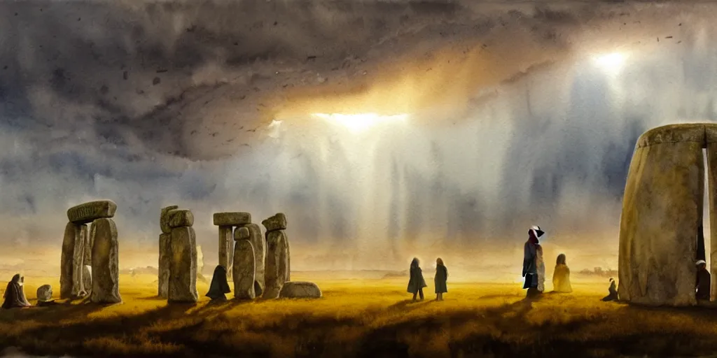 Prompt: a hyperrealist watercolor concept art of a giant ufo in the sky above stonehenge during a thunderstorm. a medieval monk in grey robes is in the foreground. golden hour. very muted colors, by rebecca guay, michael kaluta, charles vess. high detail, hq, wide shot, 4 k