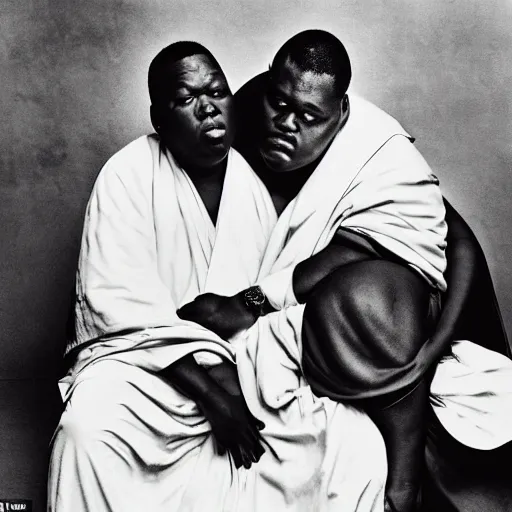 Image similar to in this detailed photography from Annie Leibovitz we can see the Notorious BIG, a buddhist monk who turned into the new Dalai Lama