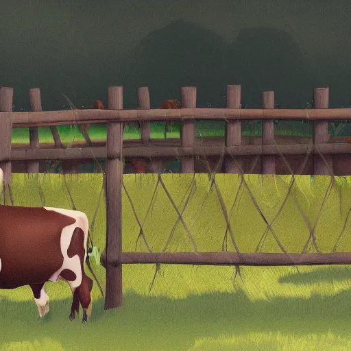 Prompt: an illustration of a cow junping a fence. Trending on artstation. 4k. Full detail